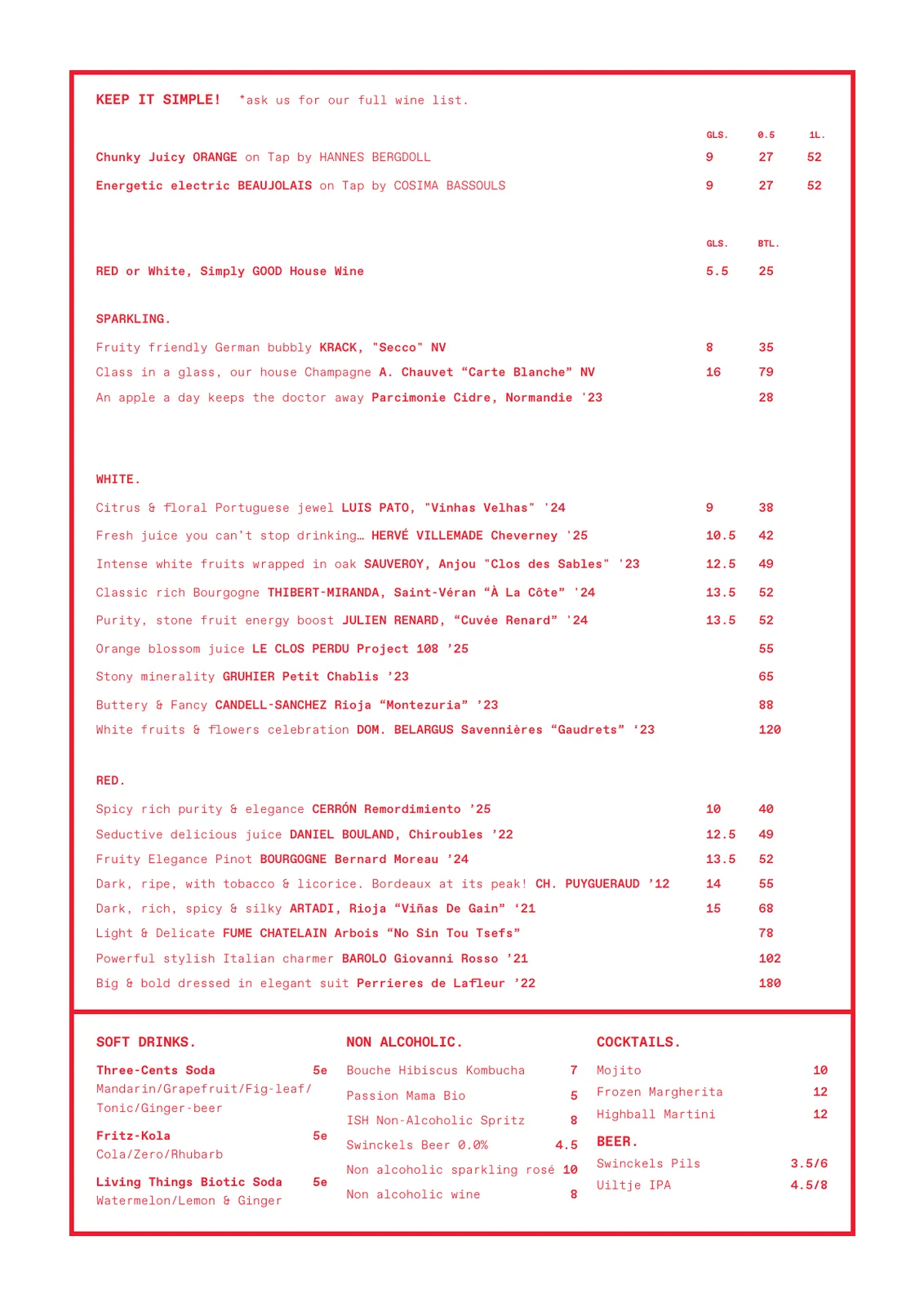 Combo Bistro wine and drinks menu, including wines by the glass and bottle, soft drinks, cocktails and beer.
