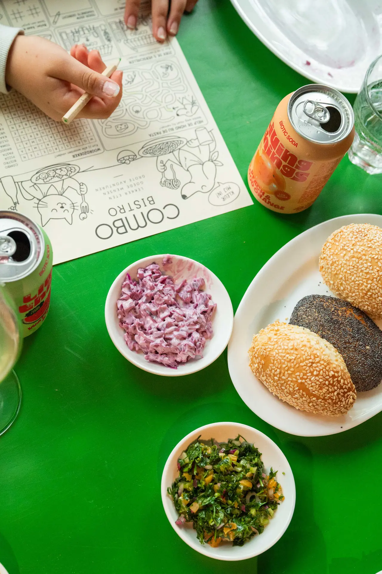 Sesame and poppy seed buns with dips